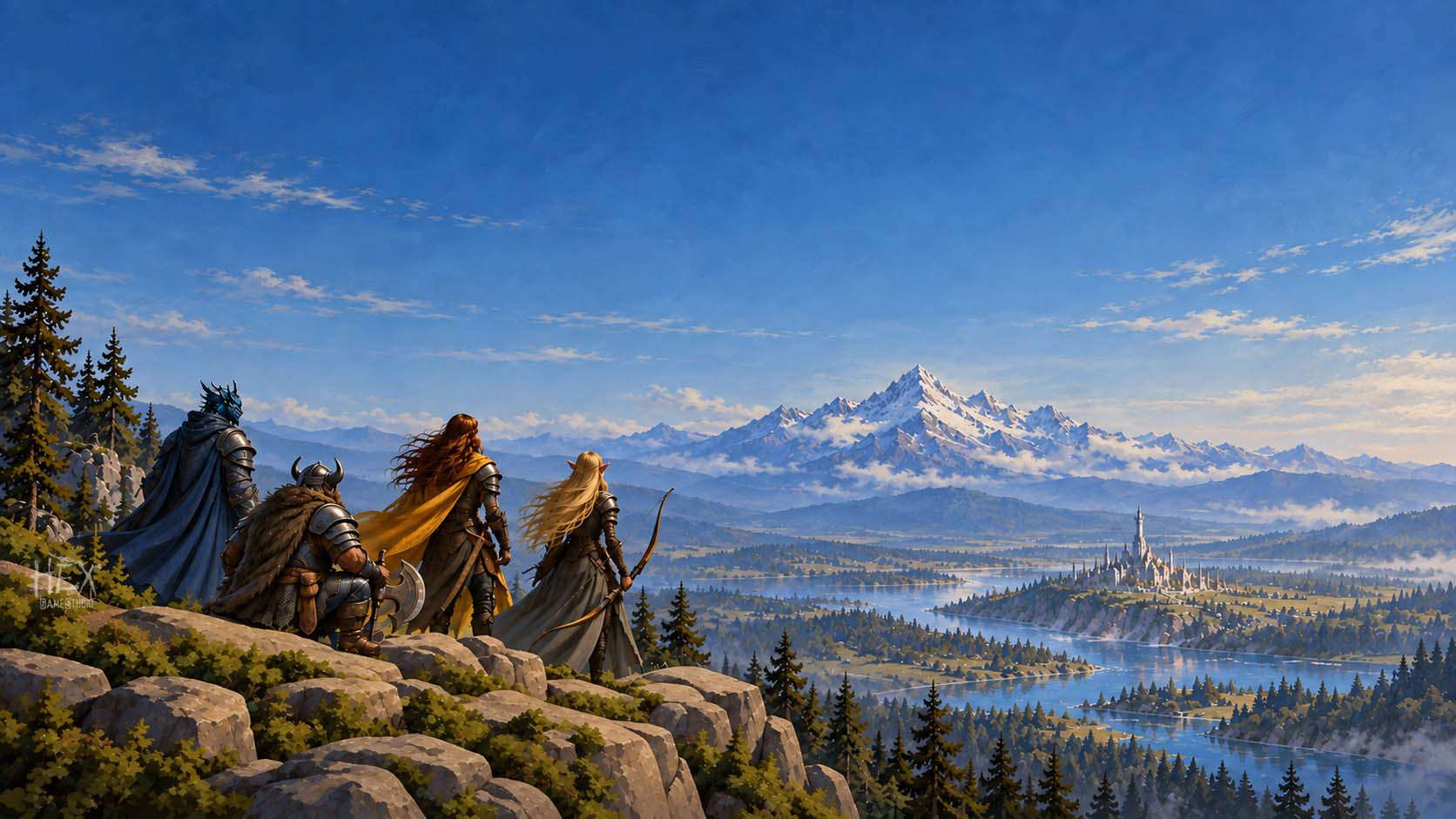 Four adventurers overlooking distant snowy mountains